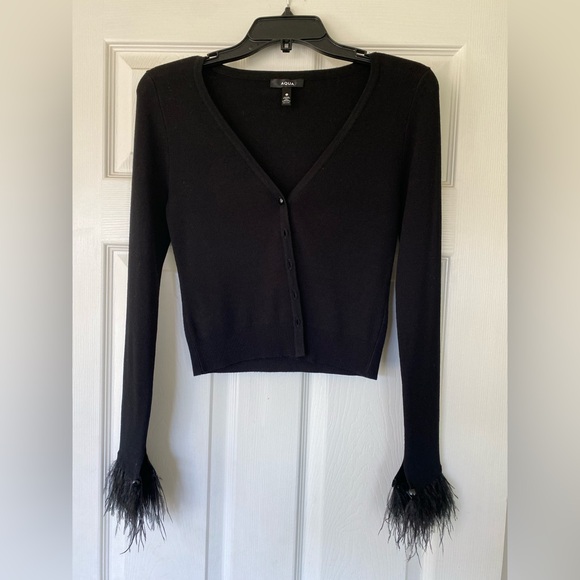 Aqua Sweaters - NWOT Aqua Black Cardigan with Feather Trim